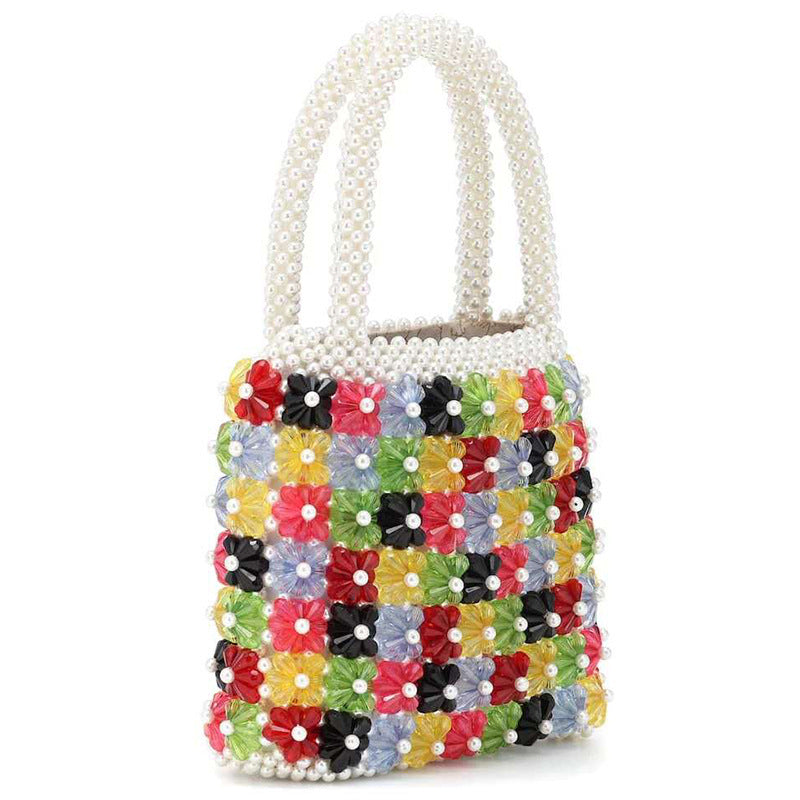 Bolso de perlas trenzado a mano con corazón de flores a la moda para mujer