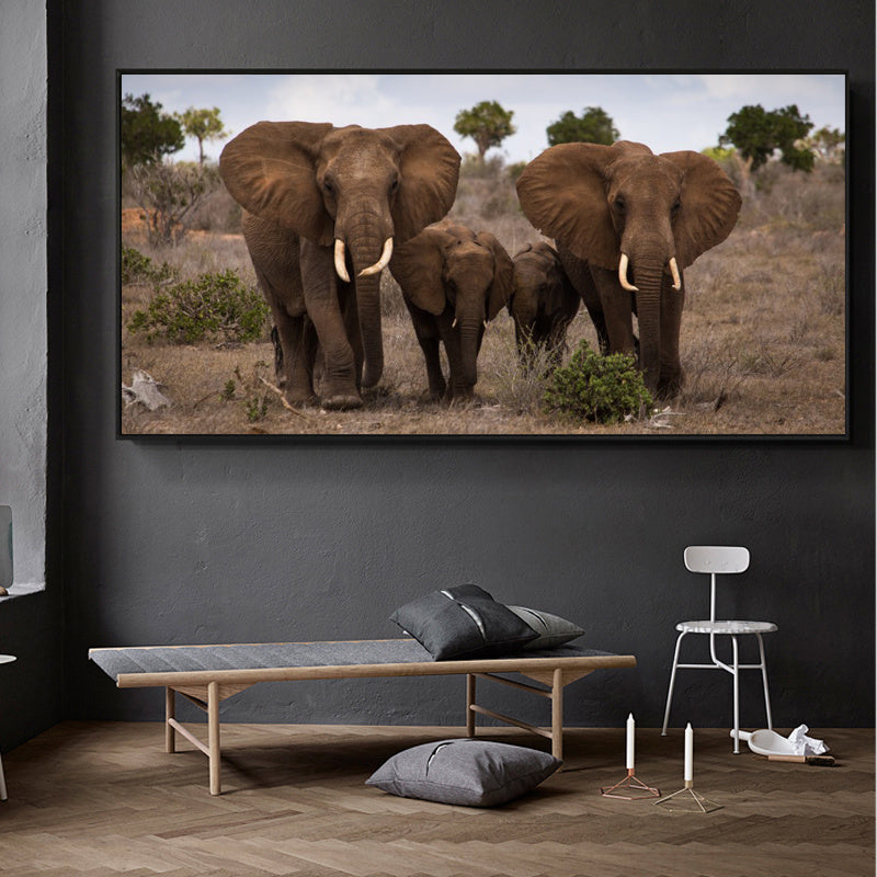 Affiche animale en noir et blanc, Portrait de famille d'éléphant sauvage d'afrique, décoration de maison