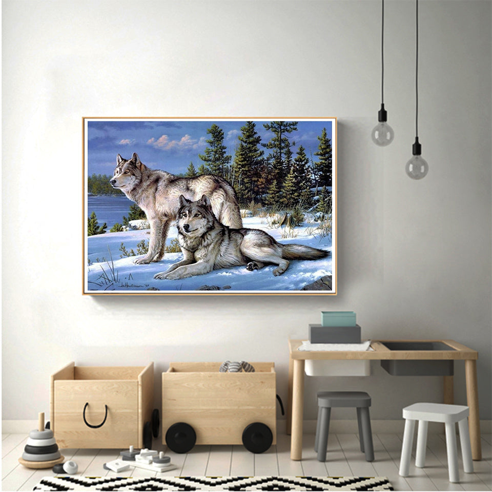 5D DIY Diamond Painting Of Two Wolves, Square Rhinestone Embroidery