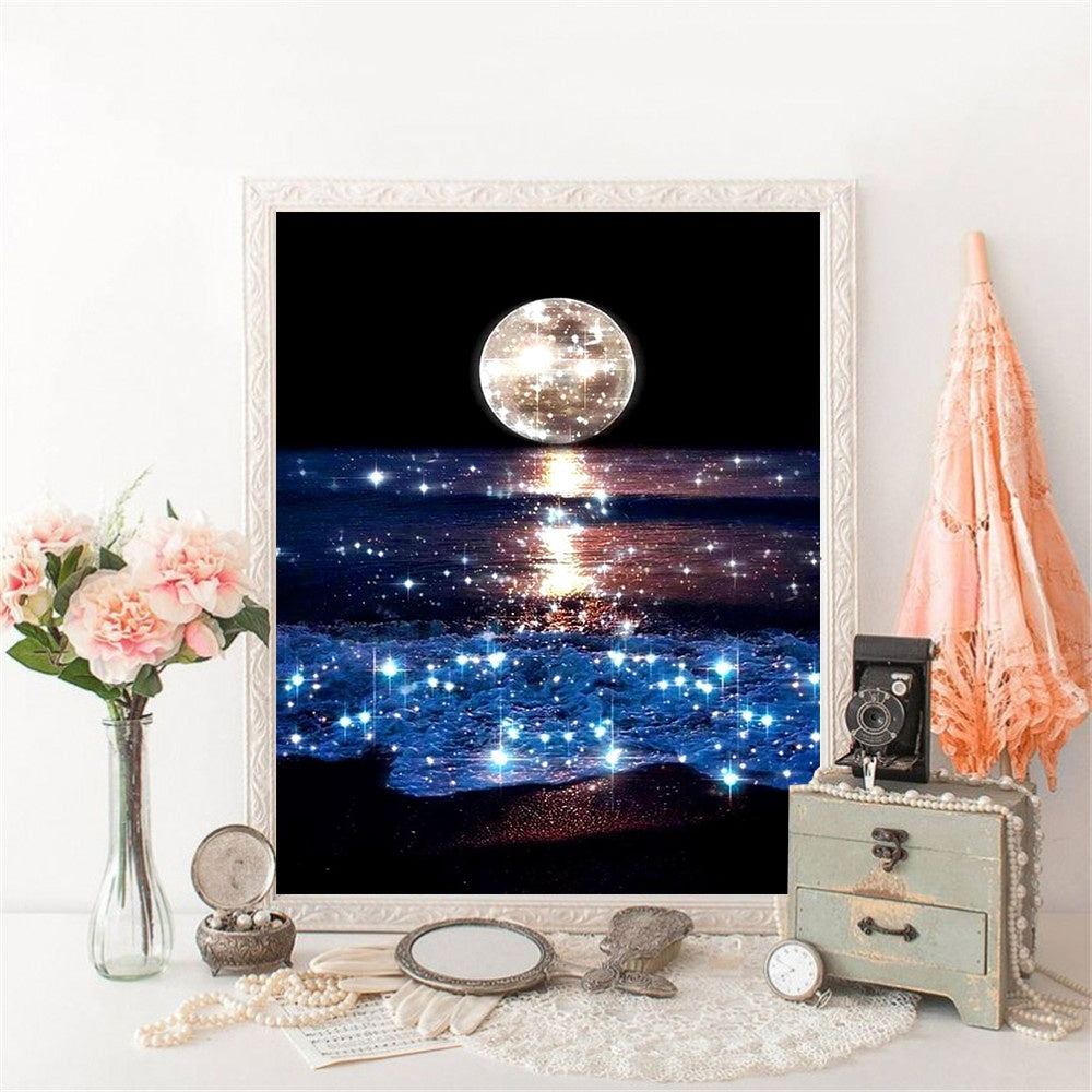 5D DIY Diamond Painting Full Circle Square Landscape Moon Rhinestone Embroidery Sea Mosaic Decoration