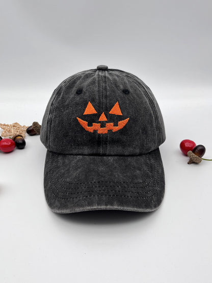 Gorra de béisbol informal de algodón lavado con bordado de calabaza sonriente para Halloween para hombres y mujeres