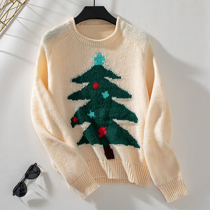 Pull ample à col rond pour femme avec motif sapin de Noël