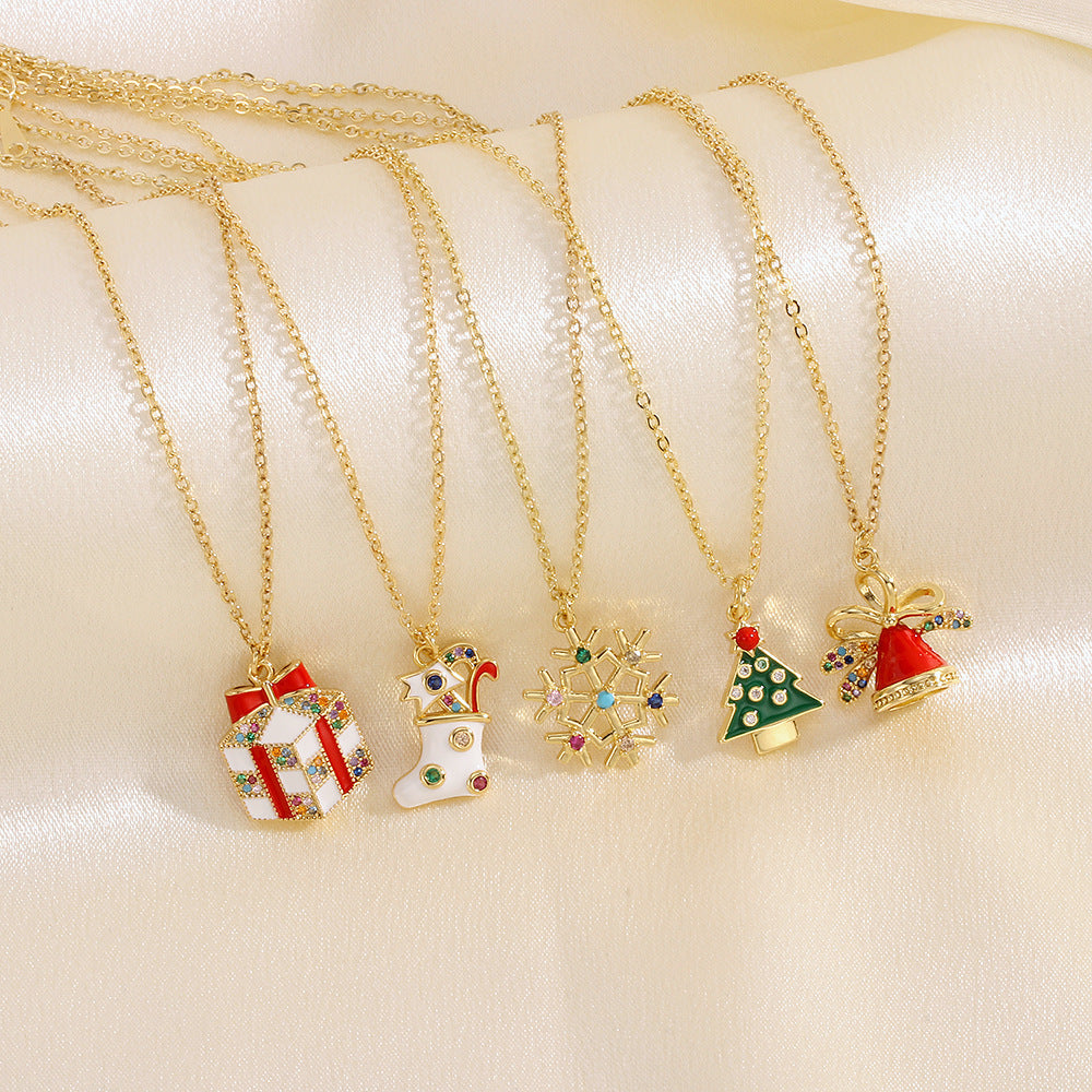 Collier en forme de goutte d'huile avec arbre de Noël, père Noël, élan, bonhomme de neige, avec strass colorés, chaîne de clavicule pour festival, bijoux pour femmes