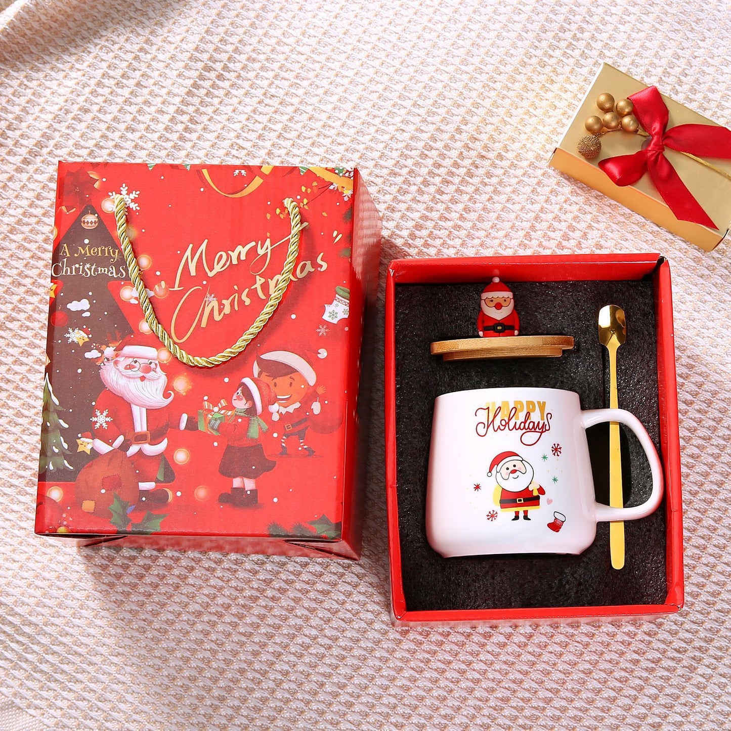 Ensemble de tasses en céramique avec couvercle et cuillère pour cadeau de Noël Père Noël