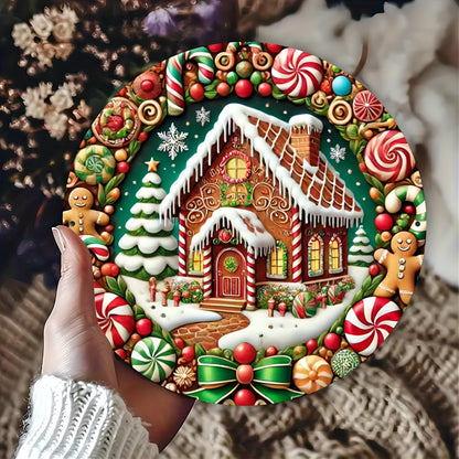 Christmas Candy Gingerbread Man Christmas Tree House Round Wooden Sign Door Plate