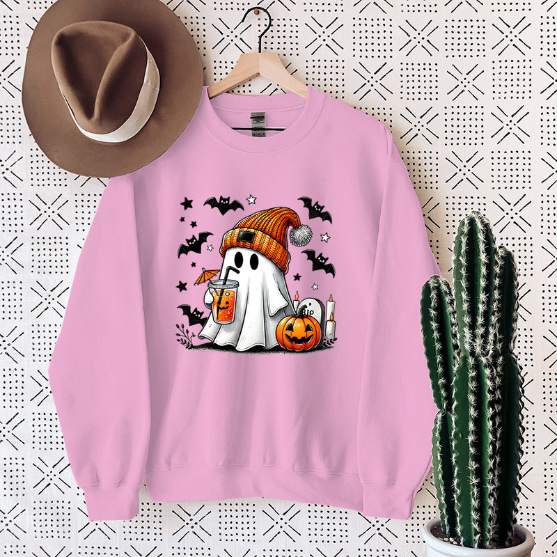 Sudadera de mujer con estampado de murciélago, calabaza y fantasma de Halloween