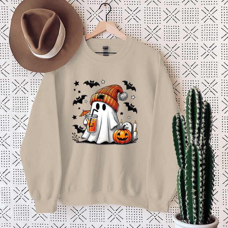 Sudadera de mujer con estampado de murciélago, calabaza y fantasma de Halloween