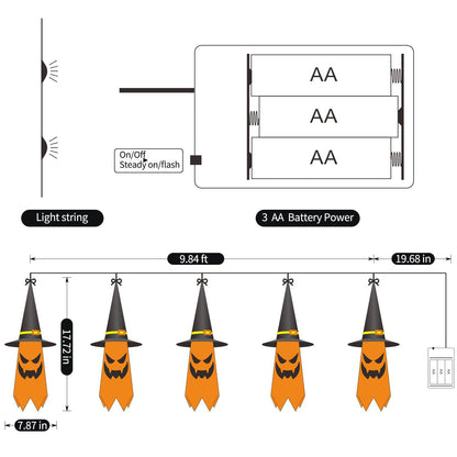 Guirlande lumineuse à 5 cordes pour décoration d'Halloween, chapeaux de sorcier, horreur