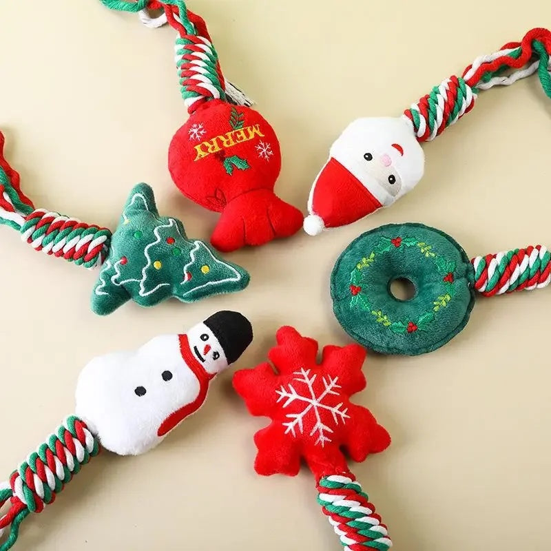 Christmas Cotton Rope Pet Plush Toy Teeth Grinding Bite Resistant Cartoon Dog Toy Snowman Donuts