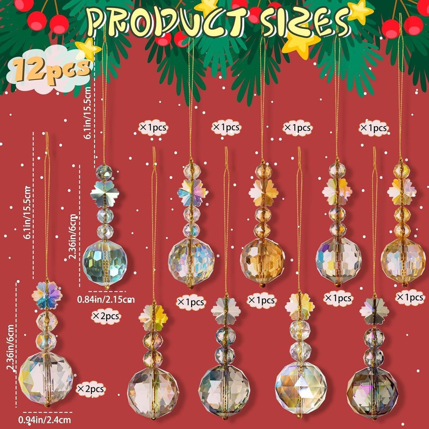 Bola de prisma de cristal de Navidad, 12 piezas, colgante decorativo