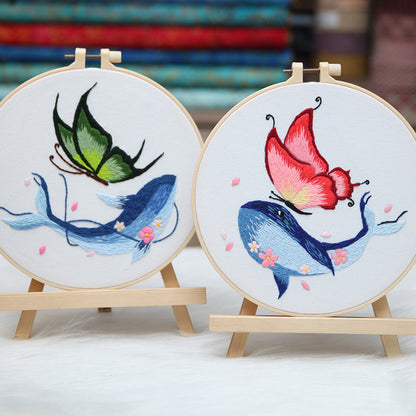 Embroidered Diy Materials Pack Whale With Butterfly Handmade Hanging Pictures