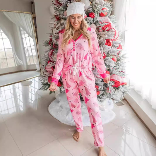 Christmas Pajamas Suit Christmas Tree Printed Long Sleeve Button Two-piece Set